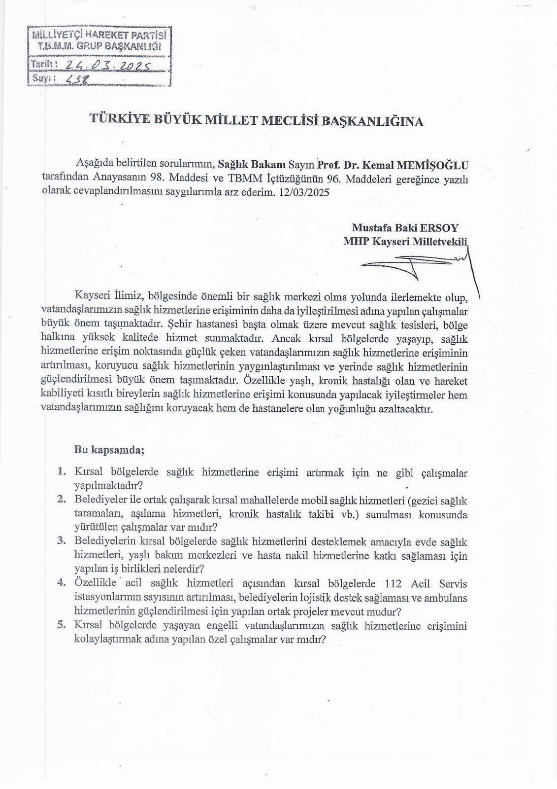 Baki Ersoy'dan Sağlık Bakanlığı'na Kayseri'deki Kırsal Sağlık Hizmetlerine İlişkin Yazılı Soru Önergesi